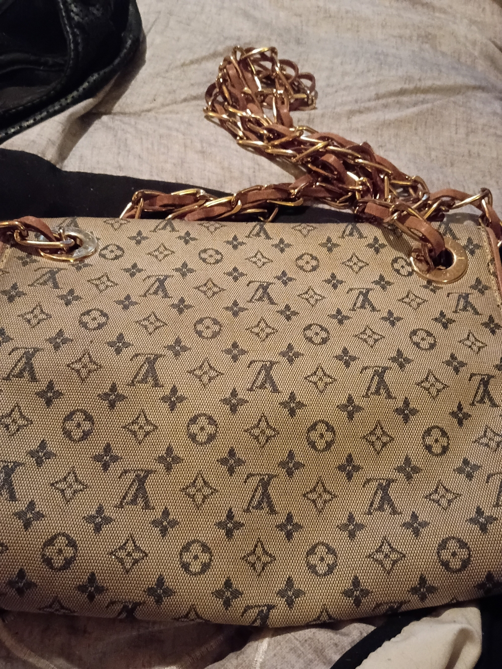 Designer-Style Monogram Chain Shoulder Bag in Beige and Brown